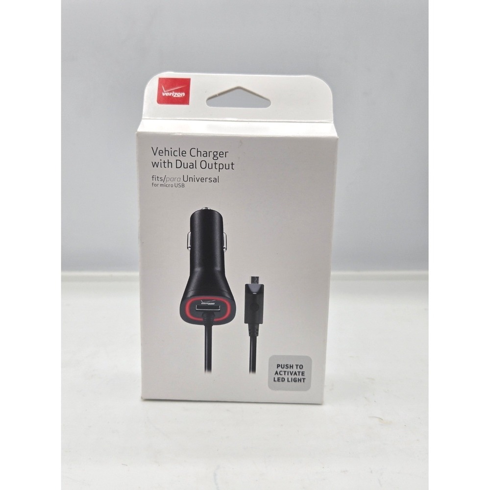 Verizon Micro USB Vehicle Car Charger Dual Output LED Light 9ft Coiled Cable